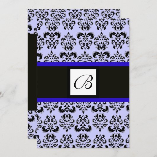 DAMASK MONOGRAM, schwarz-weiß, blau Einladung (Vorne/Hinten)