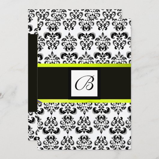 DAMASK-MONOGRAM, schwarz-weiß, gelb Einladung (Vorne/Hinten)