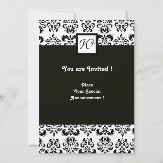 DAMASK MONOGRAM, schwarz, weiß, gold, metallisch, Einladung (Rückseite)