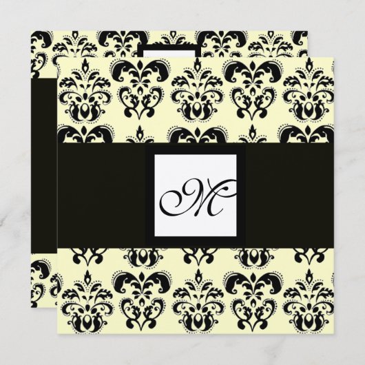 DAMASK-MONOGRAM, schwarz-weiß, gold, metallisch Einladung (Vorne/Hinten)