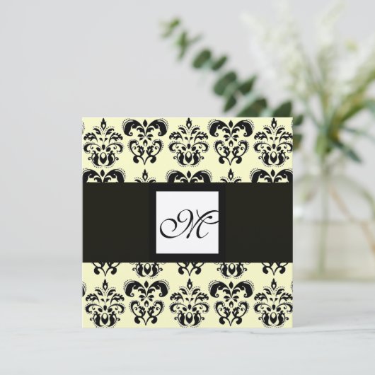 DAMASK-MONOGRAM, schwarz-weiß, gold, metallisch Einladung (Stehend Vorderseite)