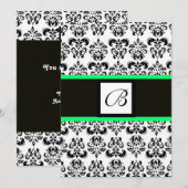 DAMASK MONOGRAM, schwarz-weiß, grün Einladung (Vorne/Hinten)