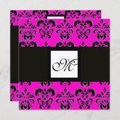 DAMASK MONOGRAM, schwarz-weiß, rosa Fuchsie Einladung (Vorne/Hinten)