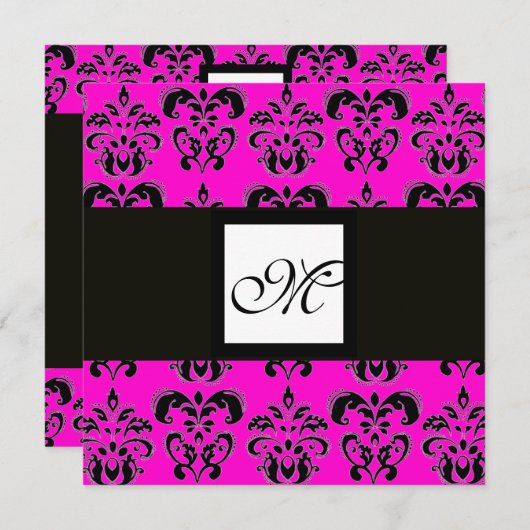 DAMASK MONOGRAM, schwarz-weiß, rosa Fuchsie Einladung (Vorne/Hinten)