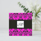 DAMASK MONOGRAM, schwarz-weiß, rosa Fuchsie Einladung (Stehend Vorderseite)