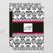 DAMASK MONOGRAM, schwarz-weiß, rosa Fuchsie Einladung (Vorne/Hinten)