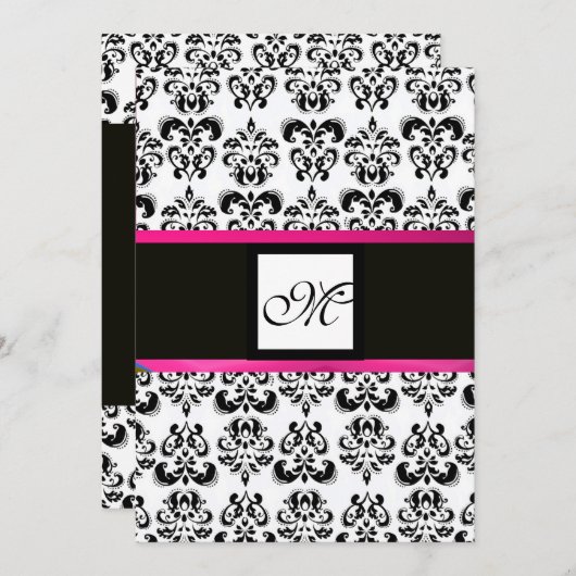 DAMASK-MONOGRAM, Schwarz-weiß, rosa Fuchsienviolet Einladung (Vorne/Hinten)