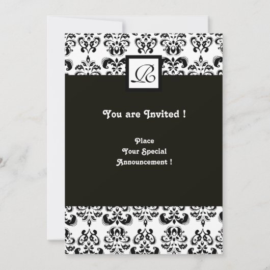 DAMASK MONOGRAM, Schwarz-weiß, rot Einladung (Rückseite)