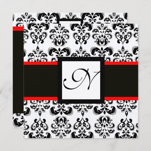 DAMASK-MONOGRAM, Schwarz, Weiß, Roter Champagner-M Einladung (Vorne/Hinten)