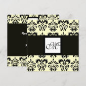 DAMASK MONOGRAM, schwarz-weiß, Sahne Einladung (Vorne/Hinten)