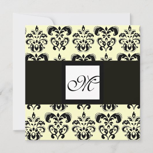 DAMASK MONOGRAM, schwarz-weiß, Sahne Einladung (Vorderseite)
