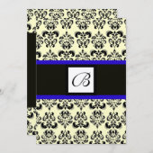 DAMASK MONOGRAM, schwarzweiß, blau, gold, metallis Einladung (Vorne/Hinten)