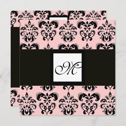 DAMASK-MONOGRAM, schwarzweiß, rosa Einladung (Vorne/Hinten)