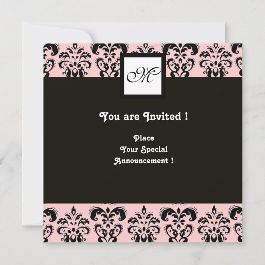 DAMASK-MONOGRAM, schwarzweiß, rosa Einladung (Rückseite)
