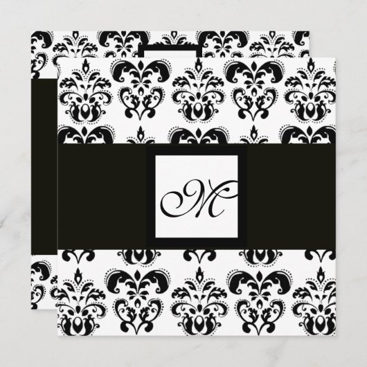 DAMASK-MONOGRAM, schwarzweiß, silber, metallisch Einladung (Vorne/Hinten)