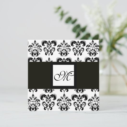 DAMASK-MONOGRAM, schwarzweiß, silber, metallisch Einladung (Stehend Vorderseite)