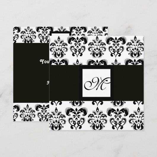 DAMASK-MONOGRAM, schwarzweiß, silber, metallisch Einladung (Vorne/Hinten)