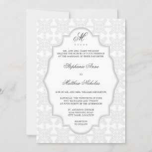 Damask Monogram Silver Gray Wedding Einladung