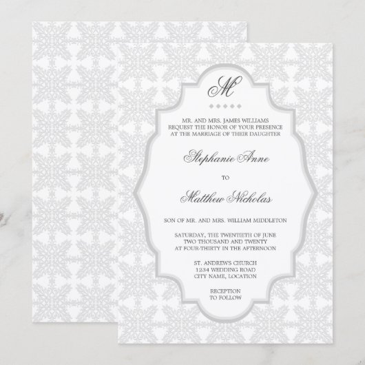 Damask Monogram Silver Gray Wedding Einladung (Vorne/Hinten)