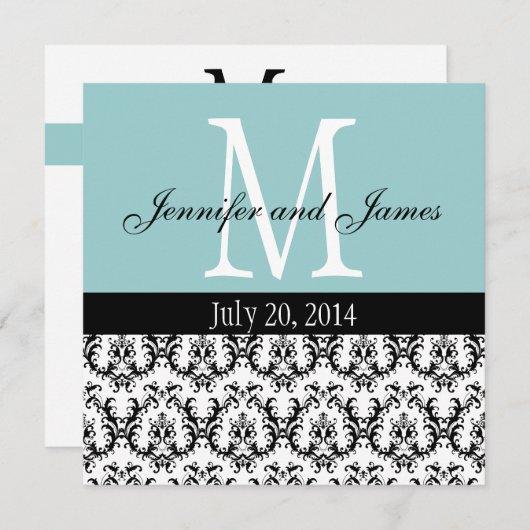 Damask Monogram Wedding Blue Einladung (Vorne/Hinten)