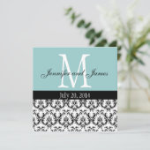 Damask Monogram Wedding Blue Einladung (Stehend Vorderseite)