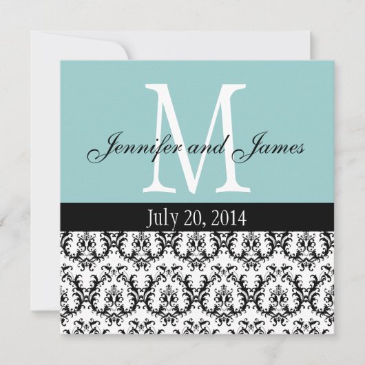 Damask Monogram Wedding Blue Einladung (Vorderseite)
