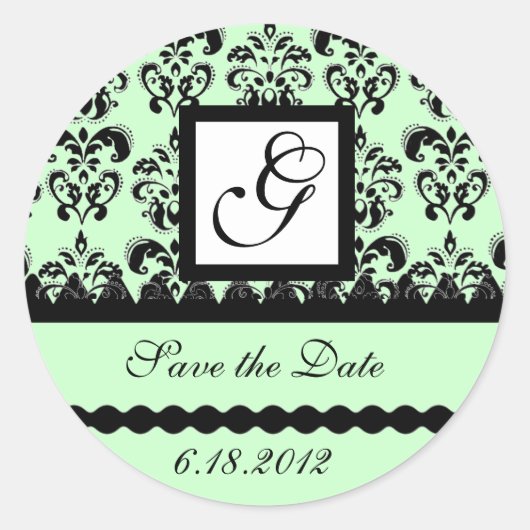 DAMASK MONOGRAMM, grün Runder Aufkleber (Vorderseite)