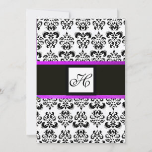 DAMASK-MONOGRAMM, schwarz und weiß, lila Einladung
