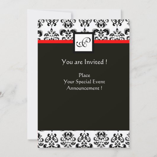 DAMASK-MONOGRAMM, schwarz, weiß, rot Einladung (Rückseite)
