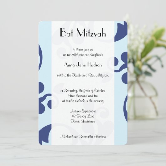 Damask Muster, Blue Damask, Bat Mitzvah Einladung (Stehend Vorderseite)