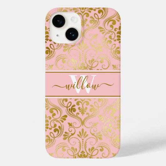 Damask Muster Blush Pink Goldname Monogram Case-Mate iPhone Hülle (Rückseite)