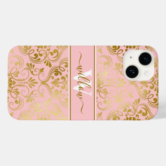 Damask Muster Blush Pink Goldname Monogram Case-Mate iPhone Hülle (Rückseite (Horizontal))
