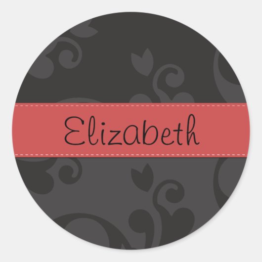 Damask Muster, Grau Damaske, Ihr Name Runder Aufkleber (Vorderseite)
