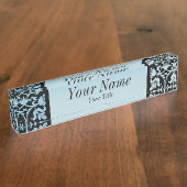 Damask Muster in Aqua Blue und Black| DIREKT Namensplakette (Seite)