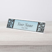 Damask Muster in Aqua Blue und Black | DIY Text Schreibtischnamensplakette (Vorderseite )