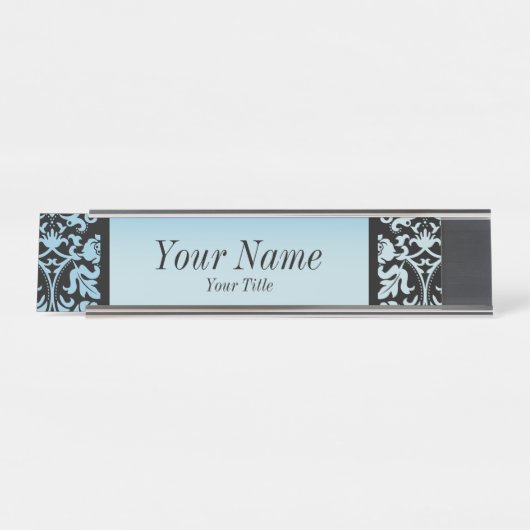 Damask Muster in Aqua Blue und Black | DIY Text Schreibtischnamensplakette (Vorderseite )