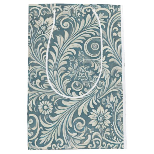 Damask Muster in Soft Blue und Ivory Mittlere Geschenktüte (Vorderseite)
