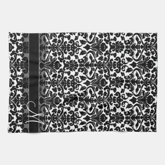 Damask Muster mit Monogramm - Schwarz und Weiß Handtuch (Horizontal)