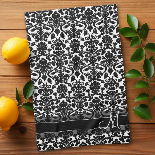 Damask Muster mit Monogramm - Schwarz und Weiß Handtuch