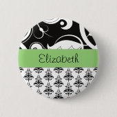 Damask Muster, Schwarz und Weiß Damask, Ihr Name Button (Vorderseite)
