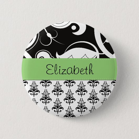 Damask Muster, Schwarz und Weiß Damask, Ihr Name Button (Vorderseite)