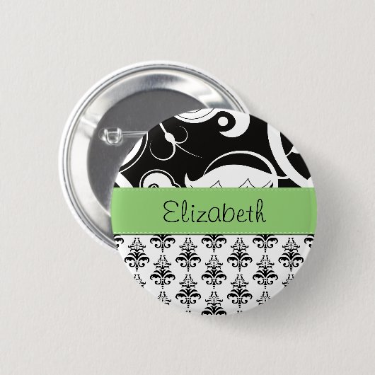 Damask Muster, Schwarz und Weiß Damask, Ihr Name Button (Vorne & Hinten)