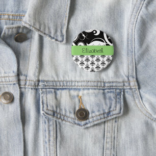Damask Muster, Schwarz und Weiß Damask, Ihr Name Button