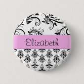 Damask Muster, Schwarz und Weiß Damask, Ihr Name Button (Vorderseite)