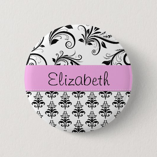 Damask Muster, Schwarz und Weiß Damask, Ihr Name Button (Vorderseite)