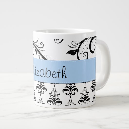 Damask Muster, Schwarz und Weiß Damask, Ihr Name Jumbo-Tasse (Vorderseite Rechts)