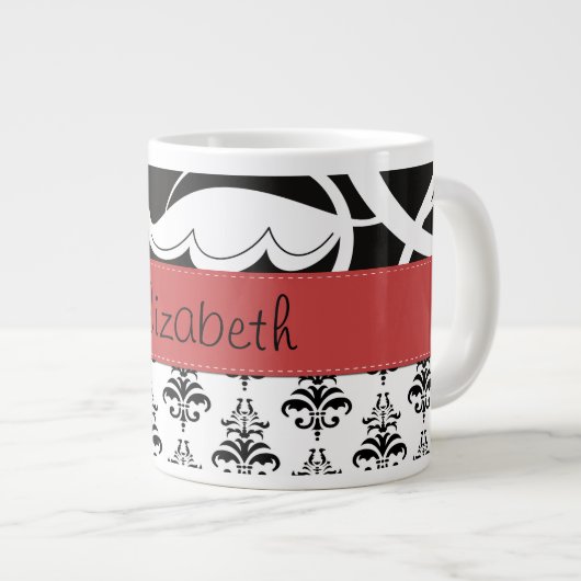 Damask Muster, Schwarz und Weiß Damask, Ihr Name Jumbo-Tasse (Vorderseite Rechts)