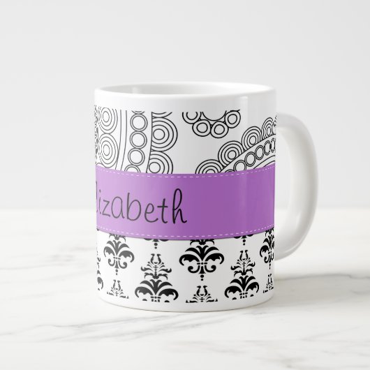 Damask Muster, Schwarz und Weiß Damask, Ihr Name Jumbo-Tasse (Vorderseite Rechts)