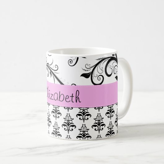 Damask Muster, Schwarz und Weiß Damask, Ihr Name Kaffeetasse (VorderseiteRechts)