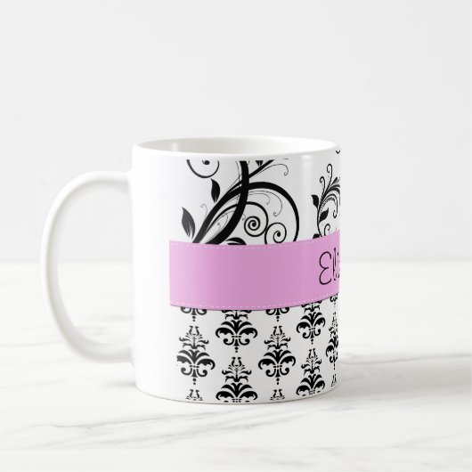 Damask Muster, Schwarz und Weiß Damask, Ihr Name Kaffeetasse (Links)